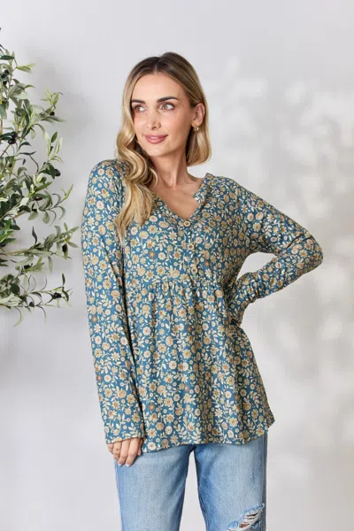 Truedames Heimish Full Size Floral Half Button Long Sleeve Blouse In Blue