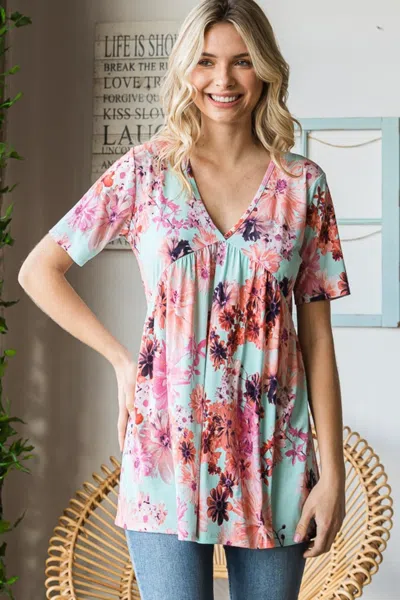 Truedames Heimish Full Size Floral V-neck Short Sleeve Babydoll Blouse In Blue