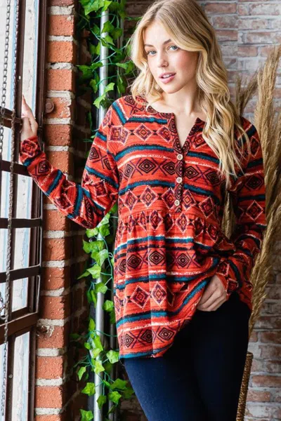 Truedames Heimish Full Size Geometric Button Detail Long Sleeve Babydoll Top In Red