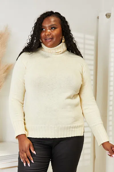 Truedames Heimish Full Size Long Sleeve Turtleneck Sweater With Side Slit In Beige