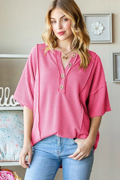 Truedames Heimish Full Size Ribbed Half Button Drop Shoulder Top In Pink