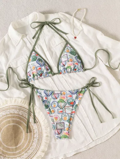 Truedames Hemming Contrasting Print Strap Sexy Bikini Split Swimsuit Batwing Short Sleeve Shirt W Plants Print In Green