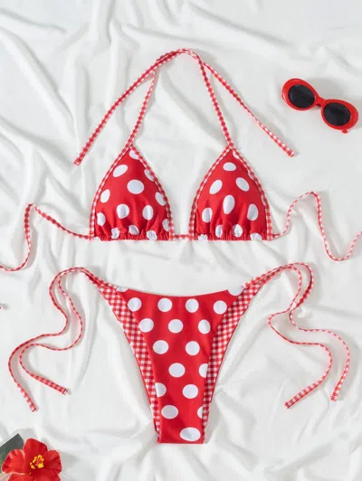 Truedames Hemming Contrasting Print Strap Sexy Bikini Split Swimsuit Batwing Short Sleeve Shirt W Plants Print In Red