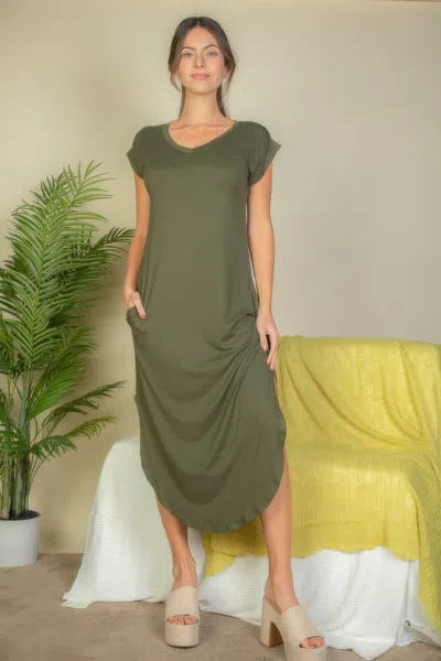 Truedames Hidden Pocket Batwing Sleeve V Neck Long Dress In Green
