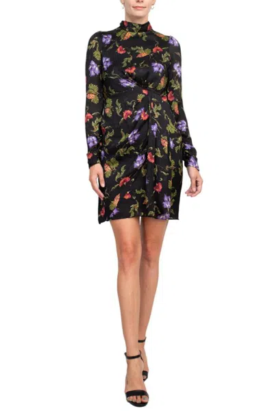 Truedames High Neck Long Sleeve Pleated Side Floral Print Chiffon Crepe Dress In Black