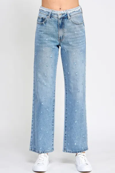 Truedames High Rise Dad Jeans W/ Fringe Waistband Detail In Blue