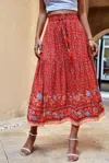 Truedames High Rise Drawstring Ruffled Maxi Skirt In Red