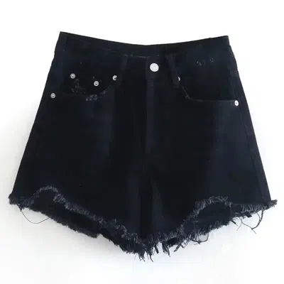 Truedames High Waist Frayed Front Button Slim Shorts Women Vintage Ripped Denim Shorts Summer Woman Fashion Co In Black
