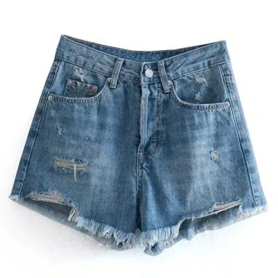 Truedames High Waist Frayed Front Button Slim Shorts Women Vintage Ripped Denim Shorts Summer Woman Fashion Co In Blue