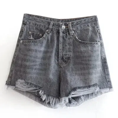 Truedames High Waist Frayed Front Button Slim Shorts Women Vintage Ripped Denim Shorts Summer Woman Fashion Co In Grey