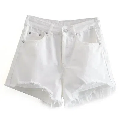 Truedames High Waist Frayed Front Button Slim Shorts Women Vintage Ripped Denim Shorts Summer Woman Fashion Co In White