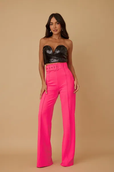 Truedames High Waist Pants With Buckle Belt In Pink