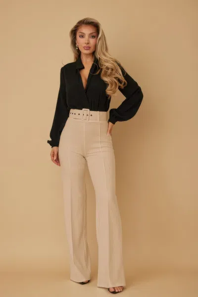 Truedames High Waist Pants With Buckle Belt In Sand