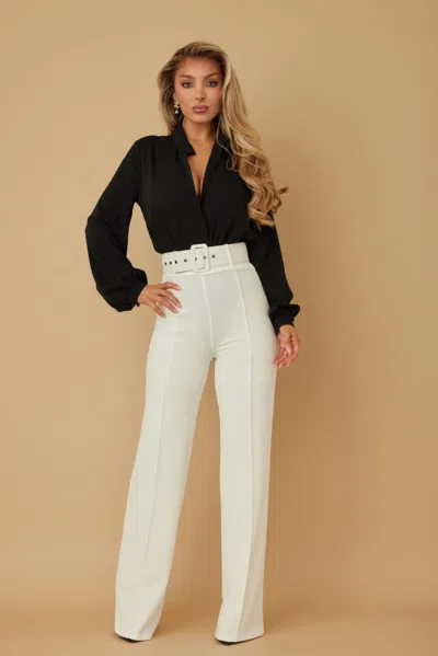 Truedames High Waist Pants With Buckle Belt In White