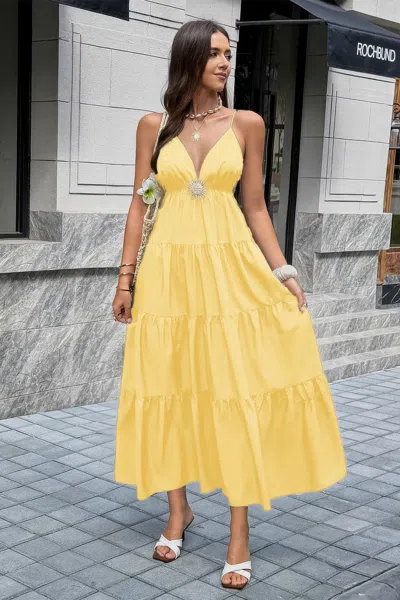 Truedames High Waist Sleeveless Open Back Full Dress In Yellow