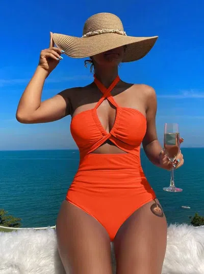Truedames High Waist Solid Color One Piece Sexy Backless Halter Swimsuit For Women In Multi