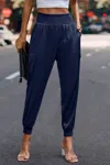 Truedames High Waist Trousers Pocket Satin Jogger Casual Pants In Blue