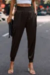 Truedames High Waist Trousers Pocket Satin Jogger Casual Pants In Brown