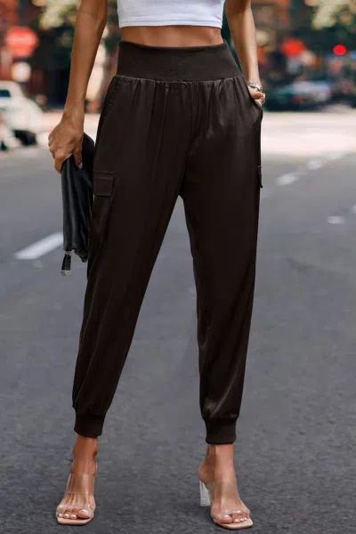 Truedames High Waist Trousers Pocket Satin Jogger Casual Pants In Brown