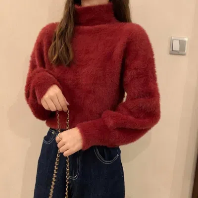 Truedames High-neck Faux Fur Knit Sweater In Pink
