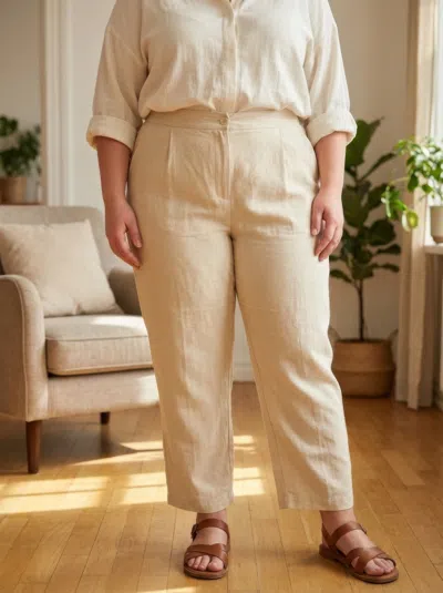 Truedames High-rise Linen-blend Straight Leg Pants In Neutral