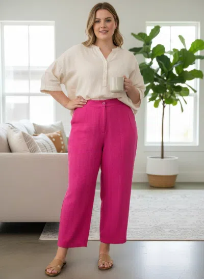 Truedames High-rise Linen-blend Straight Leg Pants In Pink