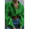 Truedames Hollow Out Solid Button Puff Sleeves Blouse In Green