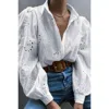 Truedames Hollow Out Solid Button Puff Sleeves Blouse In White