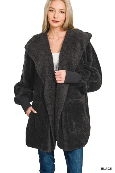 Truedames Hooded Faux Fur Jacket With Pockets In Black