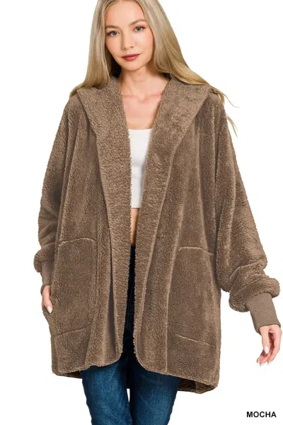Truedames Hooded Faux Fur Jacket With Pockets In Brown