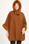 Truedames Hooded Faux Fur Trim Cape In Brown