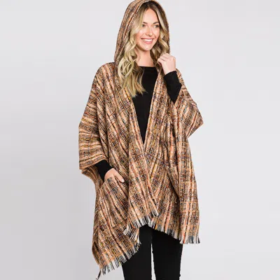 Truedames Hooded Plaid Check Patterned Front Pockets Fringe Ruana Poncho In Brown