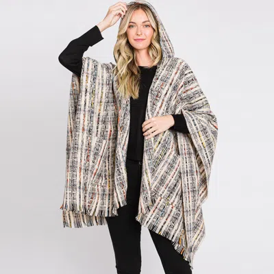 Truedames Hooded Plaid Check Patterned Front Pockets Fringe Ruana Poncho In Multi