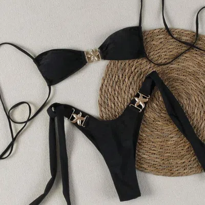 Truedames Popular Solid Color Bikini Two-piece Swimsuit With Tie Back Sexy Design And Accessories High-end In Black