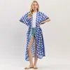 Truedames Houndstooth Print Open Front Long Kimono Poncho In Blue