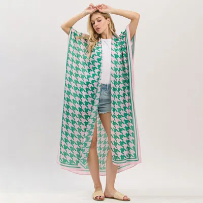 Truedames Houndstooth Print Open Front Long Kimono Poncho In Pink
