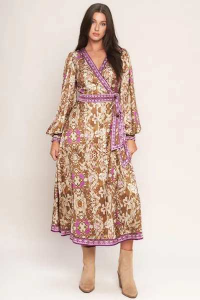 Truedames Ikat Bloom Woven Midi True Wrap Dress In Brown