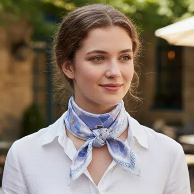 Truedames Illustrated Flower Pattern Printed Square Silky Satin Bandana Scarf In Blue