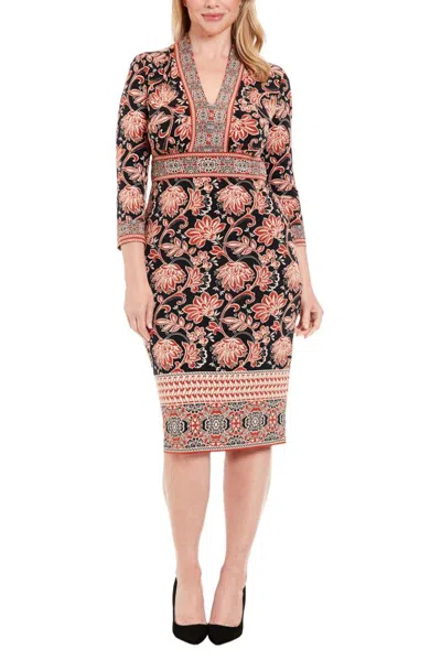 Truedames Intricate Floral Paisley Print V-neckline Three-quarter Sleeves Sheath Dress In Brown