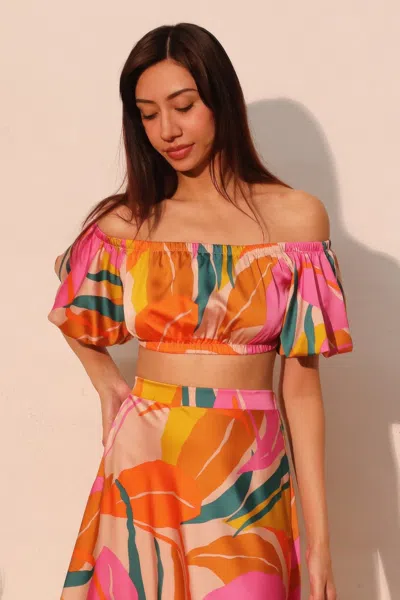 Truedames Isla Tropical Satin Bubble Sleeve Crop Top In Multi