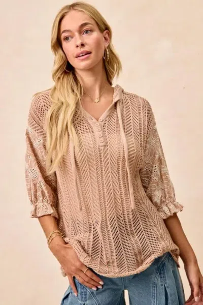 Truedames Jacquard Flower Puff Sleeve Hooded Knit Top In Neutral