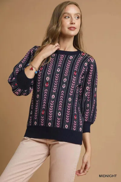 Truedames Jacquard Knit Puff Sleeve Sweater In Blue