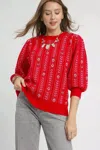 Truedames Jacquard Knit Puff Sleeve Sweater In Red