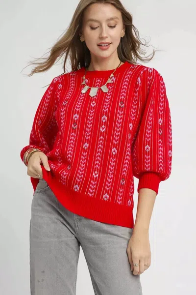 Truedames Jacquard Knit Puff Sleeve Sweater In Red