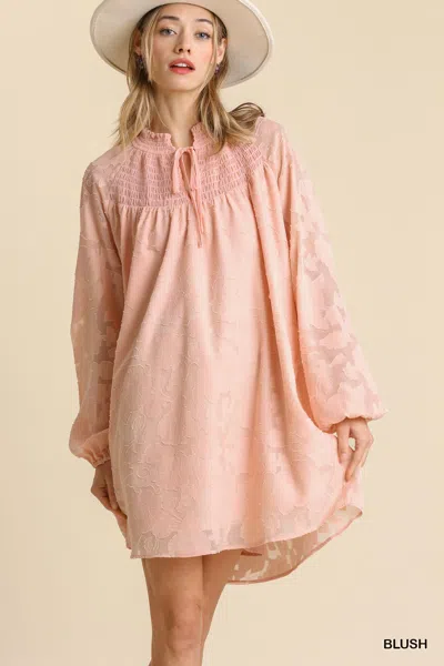 Truedames Jacquard Raglan Smocked Tie Neck Yoke Dress In Pink
