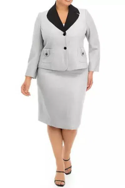 Truedames Jacquard Two Button Patch Pocket Jacket And Slim Skirt Set ( Plus Size ) In Gray