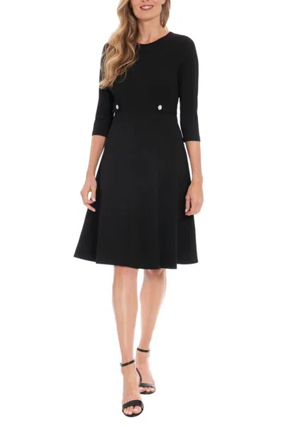 Truedames Jewel Neckline Quarter Sleeves Zipper Closure Buttoned Mock Belt Fit-and-flare Flowing Skirt Dress In Black