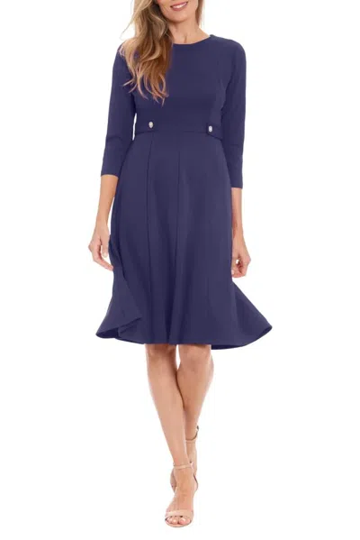 Truedames Jewel Neckline Quarter Sleeves Zipper Closure Buttoned Mock Belt Fit-and-flare Flowing Skirt Dress In Blue