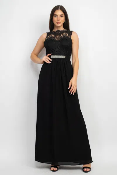 Truedames Jewel Waist-tie Lace Maxi Dress In Black