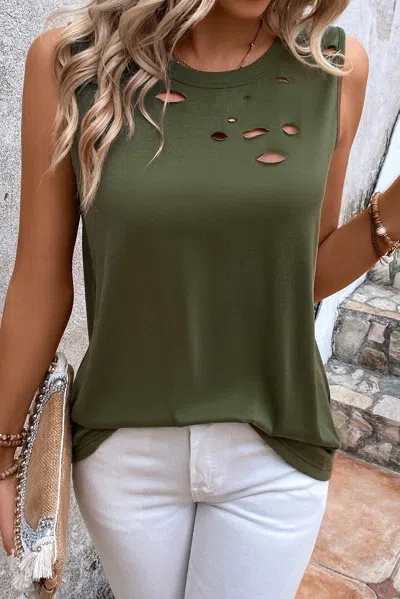 Truedames Jungle Green Solid Color Distressed Holes Crew Neck Tank Top In Multi